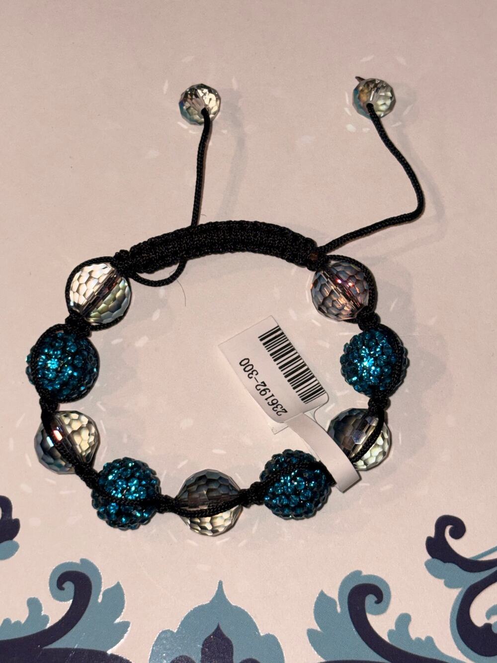 Teal Rhinestone Disco Ball & Clear Faceted Crystal Macramé Bracelet Adjustable
